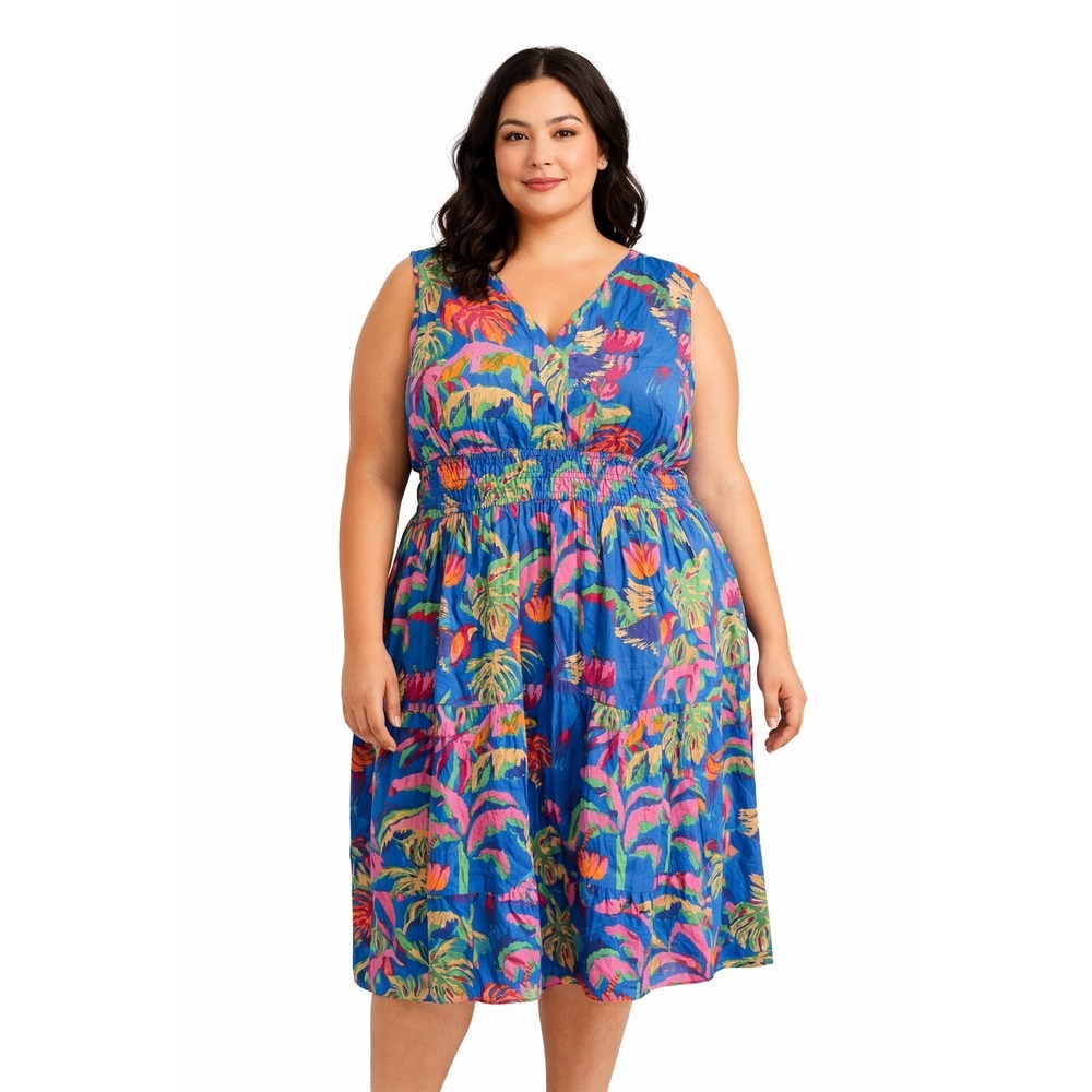Meadow Rhodes 2XL Blue Floral Print Dress‎ V Neck Sleeveless Tiered Midi